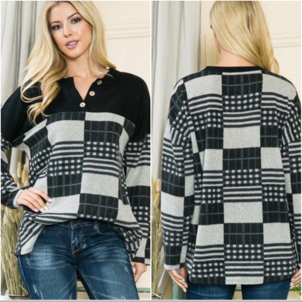 2 LEFT! Brushed Black Plaid Patchwork Top - Picture 2 of 6